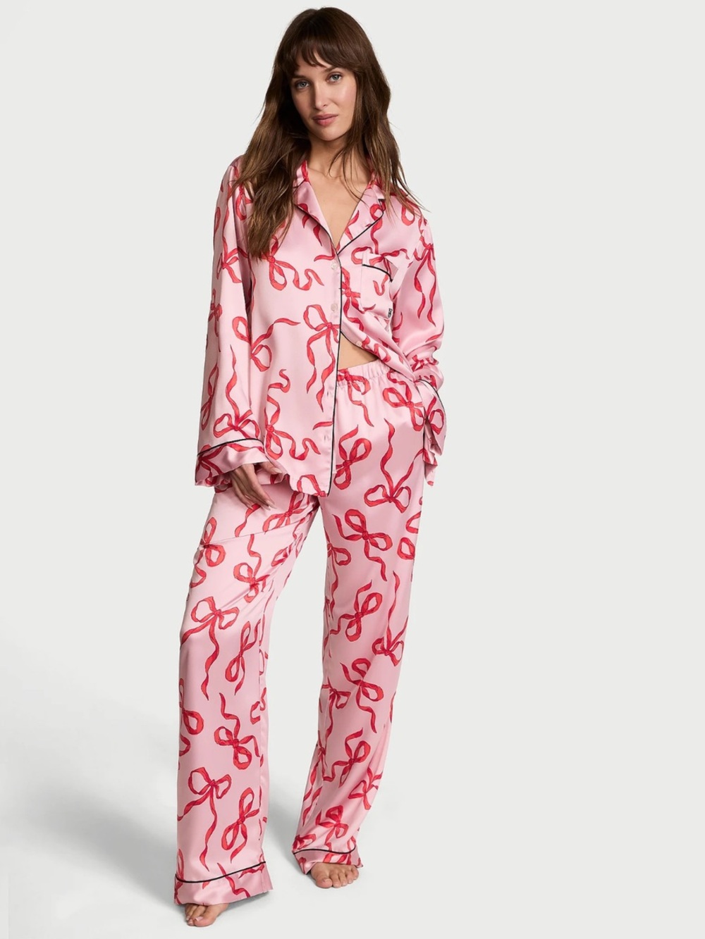 Victoria's Secret Pink Satin Pajama Set with Red Bow Print